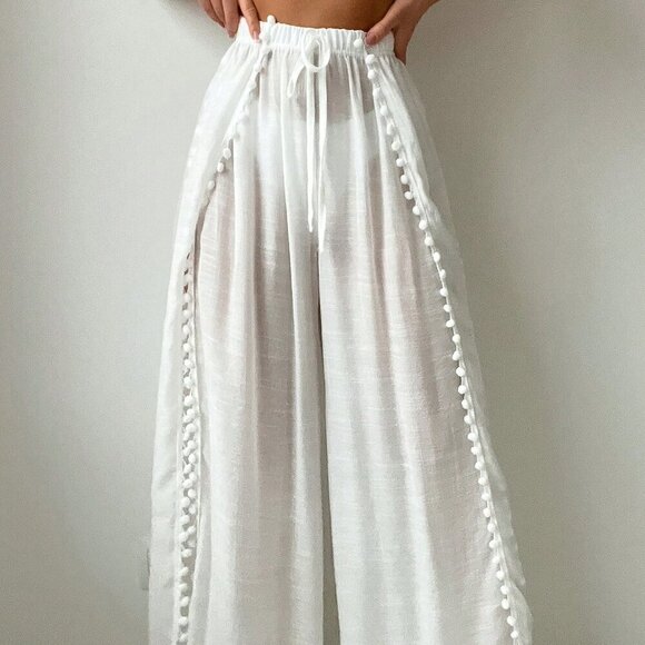 Other - White Boho Women's Beachwear Pom-Pom Trim Tie Front Waist Splice Cover Up Pants